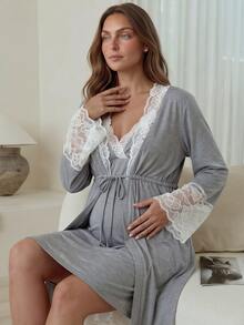 Slowluna Maternity Lace Patchwork Cami Dress And Robe Casual Daily 2 Pieces Set Fall - Grey - View 3