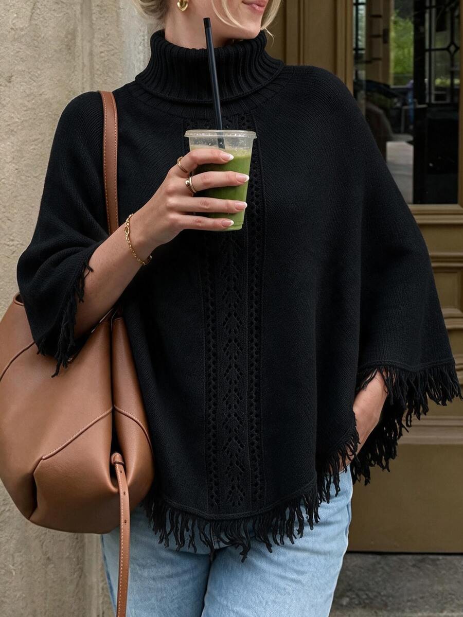 Yunfilé Elegant High Neck Tassel Fringed Design Shawl Sweater For Women - Black - View 1