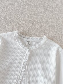 SHEIN Girls' White Cardigan Jacket, Autumn/Winter, Simple Fashionable Versatile Outerwear, Cotton Knit, Suitable For Daily Wear And Multiple Occasions - White - View 6