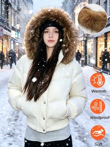 SHEIN Teen Girls Winter Coats Work Senior 2027 White Cute Baggy Streetwear - Apricot - View 1