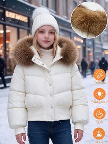 SHEIN Teen Girls Winter Coats Work Senior 2027 White Cute Baggy Streetwear - Apricot - View 3