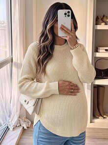 SHEIN Maternity Gentle Style Versatile Long Sleeve Sweater Comfortable Minimalist - Khaki - View 1