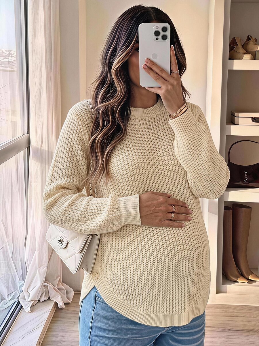 SHEIN Maternity Gentle Style Versatile Long Sleeve Sweater Comfortable Minimalist - Khaki - View 1
