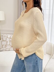 SHEIN Maternity Gentle Style Versatile Long Sleeve Sweater Comfortable Minimalist - Khaki - View 3