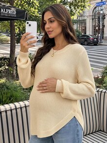 SHEIN Maternity Gentle Style Versatile Long Sleeve Sweater Comfortable Minimalist - Khaki - View 2