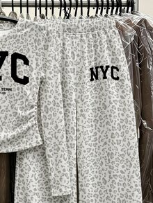 Teen Girls 1 Set Fall Outfits Grey Leopard Print NYC Graphic Long Sleeve Tops & Wide Leg Pants, Fall Clothes Winter - Multicolor - View 4