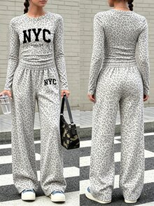 Teen Girls 1 Set Fall Outfits Grey Leopard Print NYC Graphic Long Sleeve Tops & Wide Leg Pants, Fall Clothes Winter - Multicolor - View 1