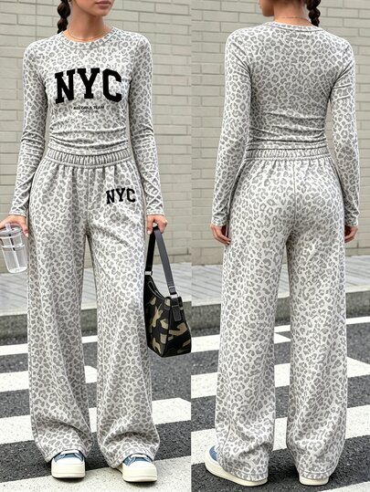 Teen Girls 1 Set Fall Outfits Grey Leopard Print NYC Graphic Long Sleeve Tops & Wide Leg Pants, Fall Clothes Winter