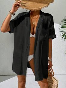 SHEIN Swim Women's Solid Color Kimono Cover-Up For Vacation And Leisure Summer - Black - View 1