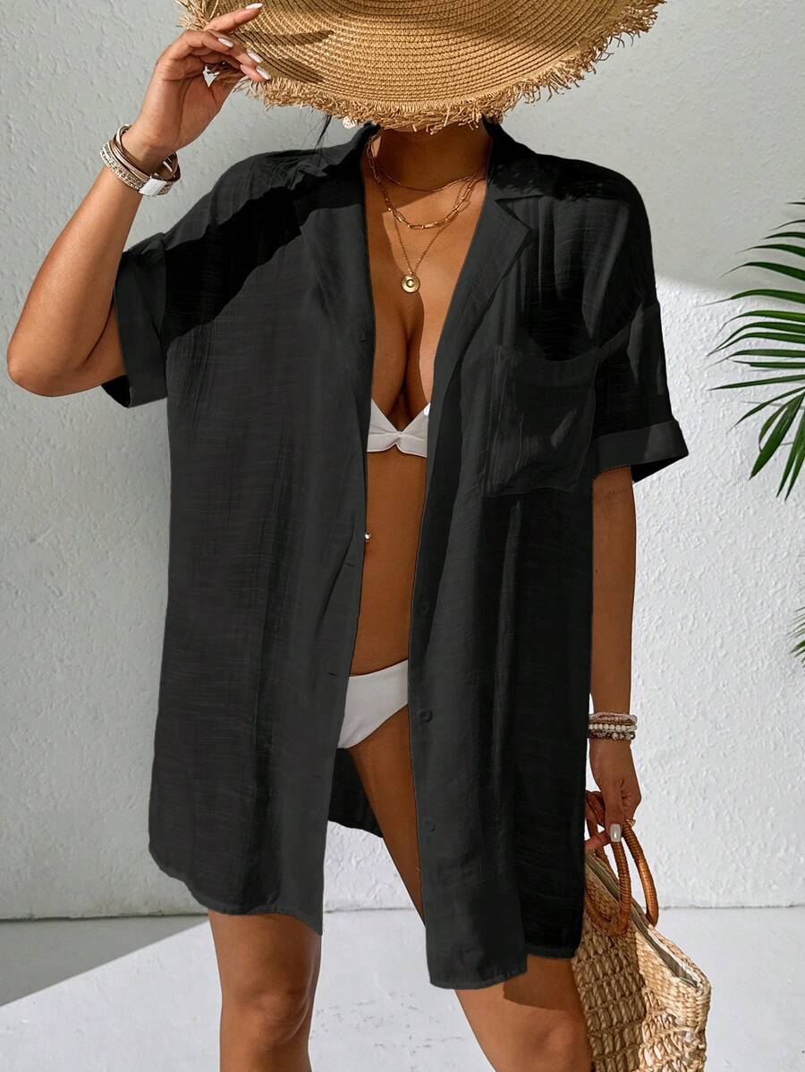 SHEIN Swim Women's Solid Color Kimono Cover-Up For Vacation And Leisure Summer - Black - View 1