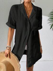 SHEIN Swim Women's Solid Color Kimono Cover-Up For Vacation And Leisure Summer - Black - View 4