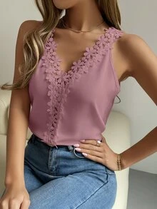 SHEIN Guipure Lace Panel Tank Top - Purple - View 6