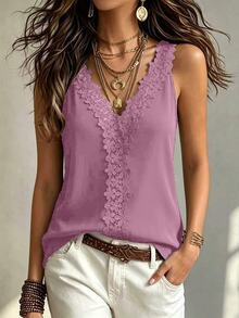SHEIN Guipure Lace Panel Tank Top - Purple - View 1