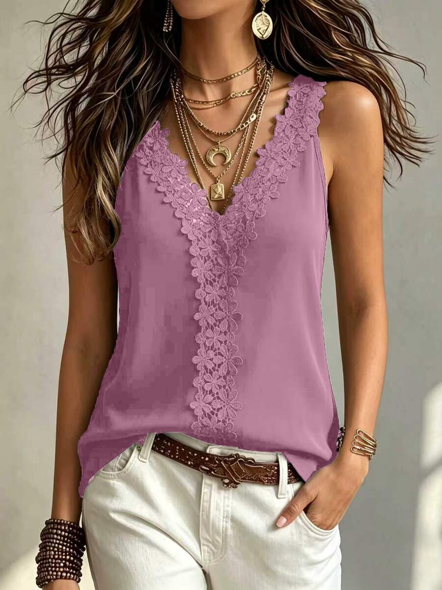 SHEIN Guipure Lace Panel Tank Top - Purple - View 1