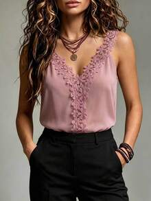 SHEIN Guipure Lace Panel Tank Top - Purple - View 8