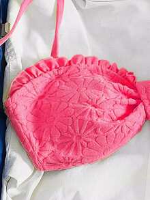 SHEIN Swim Swim Mod 新款女士优雅清新柠檬黄两件式泳衣，阳光黄奢华质感面料，花卉压纹荷叶边比基尼套装，可拆卸肩带的挂脖式抹胸上衣，高衩性感泳裤，休闲可爱俏皮的Y2K辣妹风沙滩装，适合音乐节、春夏海滩度假、泳池派对、海岛度假等场合，尽显摩登风情。 - 玫紅色 - 查看 6