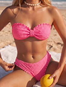 SHEIN Swim Swim Mod 新款女士优雅清新柠檬黄两件式泳衣，阳光黄奢华质感面料，花卉压纹荷叶边比基尼套装，可拆卸肩带的挂脖式抹胸上衣，高衩性感泳裤，休闲可爱俏皮的Y2K辣妹风沙滩装，适合音乐节、春夏海滩度假、泳池派对、海岛度假等场合，尽显摩登风情。 - 玫紅色 - 查看 1