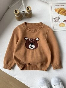 SHEIN 男嬰秋冬休閒熊圖案針織套頭衫 - 棕色 - 查看 10