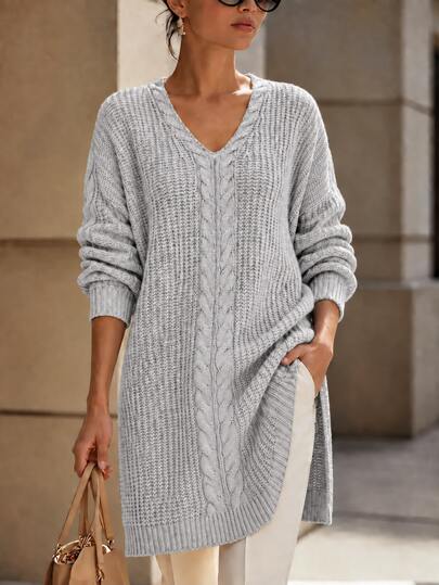 Selianne Cardigan largo de punto grueso con cuello en V para mujer, gris jaspeado, abertura lateral, corte holgado, estilo casual