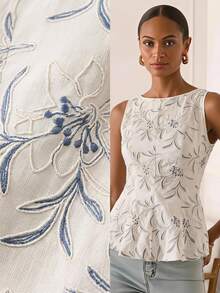Lilora Women's Premium Embroidered Top, High-End Fashion Versatile Elegant French Brunch Tea Party, Dates, Parties, Leisure, Trips, Summer White Floral - Apricot - View 2