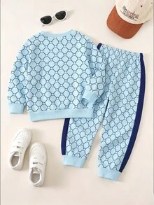 小男孩 1 件裝隨機組合圖案圓領運動衫與運動長褲 2 件套服裝 生日海灘秋季 - 彩色 - 查看 2
