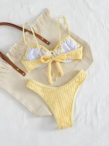 SHEIN Swim 新款檸檬黃紋理比基尼，前胸蝴蝶結設計，鋼圈支撐高衩沙灘泳衣 - 黃色 - 查看 4