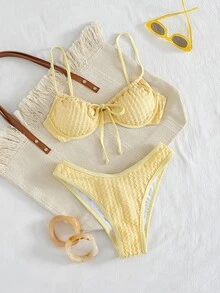SHEIN Swim 新款檸檬黃紋理比基尼，前胸蝴蝶結設計，鋼圈支撐高衩沙灘泳衣 - 黃色 - 查看 3