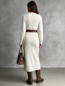 SHEIN Women's Autumn/Winter Casual Solid Color Knit Dress - Beige - View 2