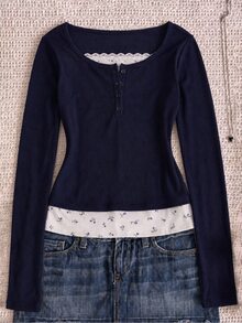 SHEIN Teen Girls Fall Tops Grey & Black Striped Collar Button Decor Lace Trim Long Sleeve Casual Versatile Design T-Shirt, Autumn, Black Tops - Blue - View 6