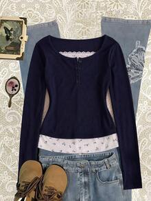 SHEIN Teen Girls Fall Tops Grey & Black Striped Collar Button Decor Lace Trim Long Sleeve Casual Versatile Design T-Shirt, Autumn, Black Tops - Blue - View 8