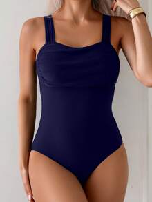 SHEIN Swim Basics 1pc Women's Solid Color Pleated Casual Spaghetti Strap One-Piece Swimsuit, Summer & Beach - Navy Blue - View 5