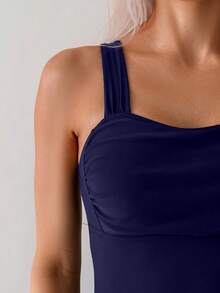 SHEIN Swim Basics 1pc Women's Solid Color Pleated Casual Spaghetti Strap One-Piece Swimsuit, Summer & Beach - Navy Blue - View 6