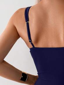 SHEIN Swim Basics 1pc Women's Solid Color Pleated Casual Spaghetti Strap One-Piece Swimsuit, Summer & Beach - Navy Blue - View 3