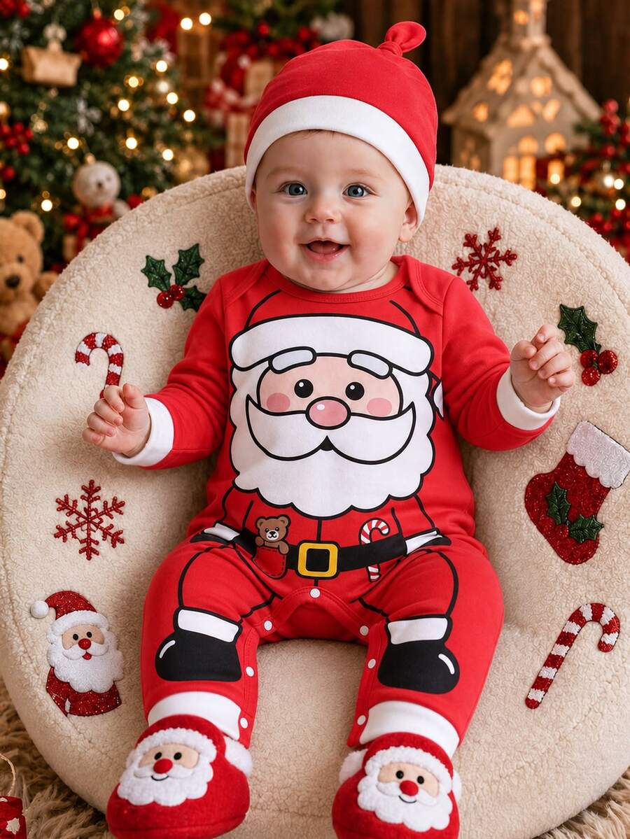 2pcs Baby Boy Jumpsuit Romper Cute Red Santa Claus Graphic Snap Button Long Sleeve Round Neck Regular Christmas Autumn Holiday Jumpers Matching Hat - Multicolor - View 1