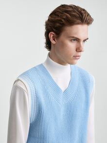Manfinity Homme Rompi Sweater Rajut Kasual Pria, Musim Gugur/Dingin, Tekstur Liburan Gaya Klasik, Unisex Musim Gugur/Dingin, Untuk Liburan, Bersama Teman - Baby Blue - View 8