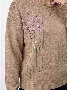 Medorina 女款時尚度假刺繡圓領長袖針織衫，適合日常穿著與辦公室，棕色花卉秋季休閒優雅早午餐米色 - 駝色 - 查看 4