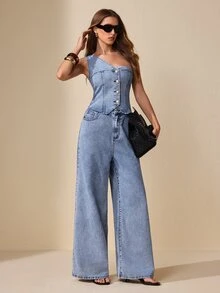 Selenza Women's One-Shoulder Wide-Leg Denim Jumpsuit - Blue - View 5