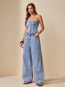 Selenza Women's One-Shoulder Wide-Leg Denim Jumpsuit - Blue - View 7