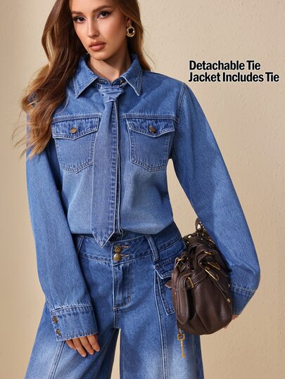 Selenza Kadın Moda Çok Yönlü Düğmeli Uzun Kollu Denim Ceket