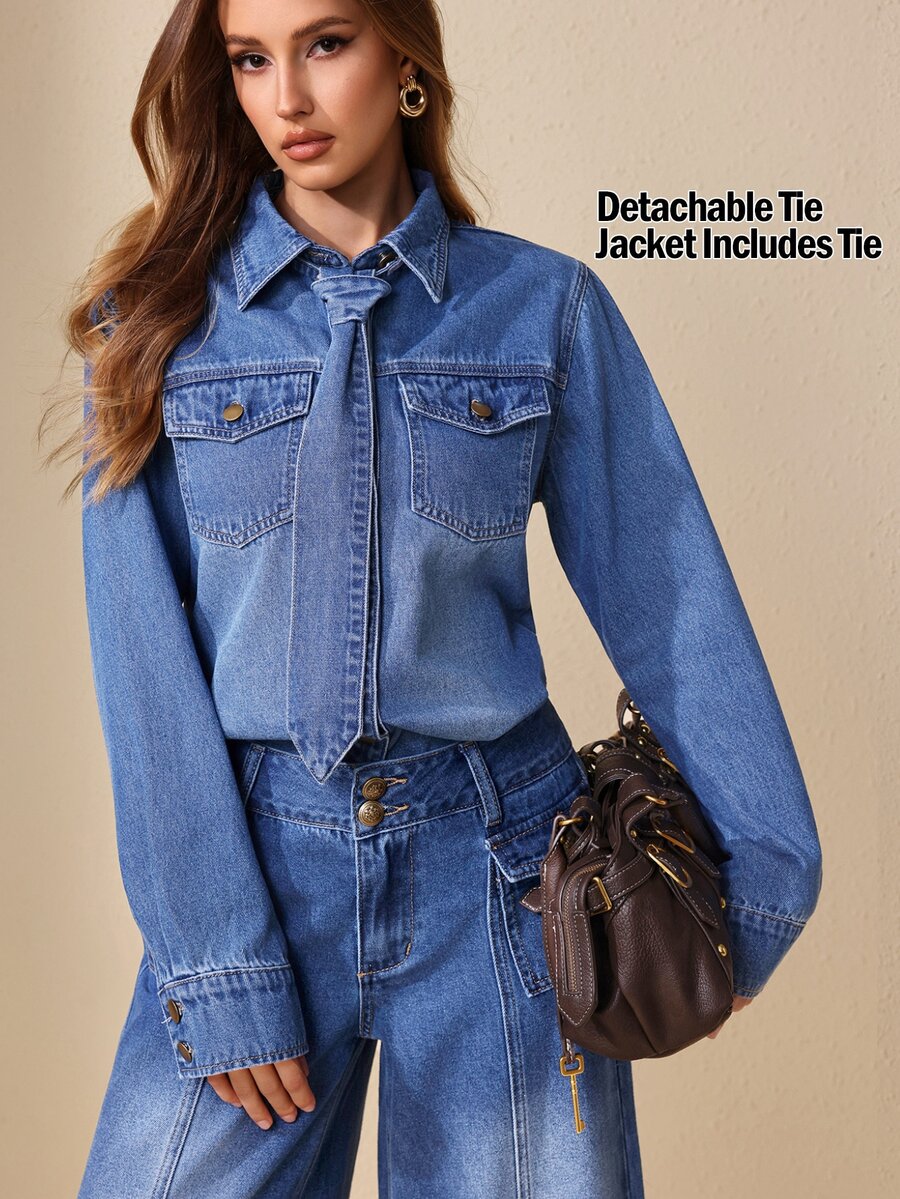 Selenza Women's Fashion Versatile Button Long Sleeve Denim Jacket - Blue - View 1