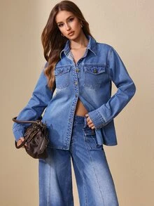 Selenza Women's Fashion Versatile Button Long Sleeve Denim Jacket - Blue - View 6