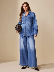 Selenza Women's Fashion Versatile Button Long Sleeve Denim Jacket - Blue - View 12