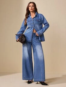 Selenza Women's Fashion Versatile Button Long Sleeve Denim Jacket - Blue - View 10