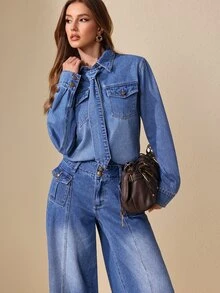Selenza Women's Fashion Versatile Button Long Sleeve Denim Jacket - Blue - View 14