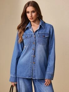 Selenza Women's Fashion Versatile Button Long Sleeve Denim Jacket - Blue - View 7