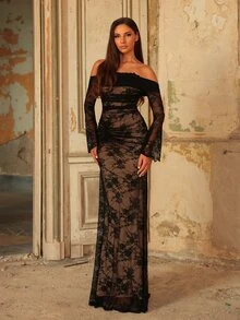 Aureia Elegant Black Lace Applique Tulle Sheer Cowl Neck Ruffle Long Sleeve Ruched Draped Mermaid Autumn Ball Prom Wedding Guest Formal Evening Gown - Black - View 7