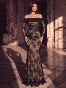 Aureia Elegant Black Lace Applique Tulle Sheer Cowl Neck Ruffle Long Sleeve Ruched Draped Mermaid Autumn Ball Prom Wedding Guest Formal Evening Gown - Black - View 4