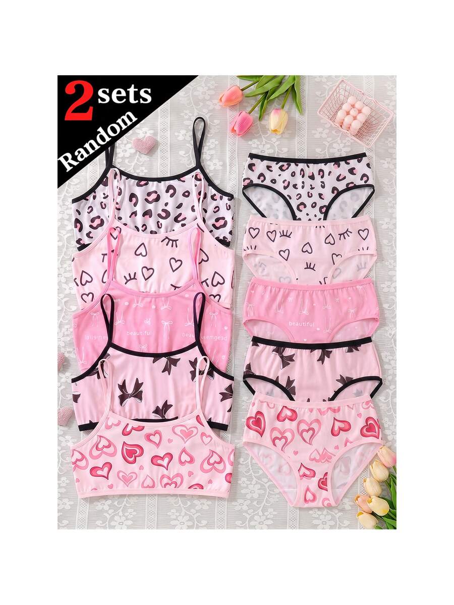 2 Sets Random, Girls Children Heart Winking Eye Bow Leopard Print Series Cute Sweet Minimalist Contrast Color Basic Camisole Triangle Set - Multicolor - View 1