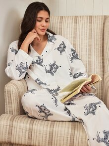Doze Lane 女款復古斑馬紋翻領開襟針織睡衣套裝，秋季獨特動物圖案長袖寬鬆休閒大尺碼兩件套睡褲套裝 - 白色 - 查看 6