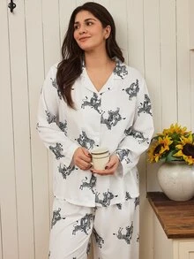 Doze Lane 女款復古斑馬紋翻領開襟針織睡衣套裝，秋季獨特動物圖案長袖寬鬆休閒大尺碼兩件套睡褲套裝 - 白色 - 查看 4